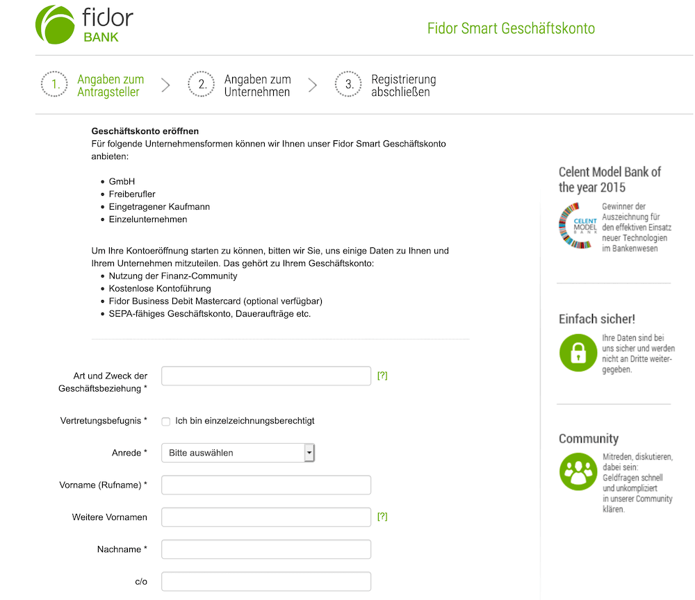 Fidor Geschäftskonto Kontoeröffnung