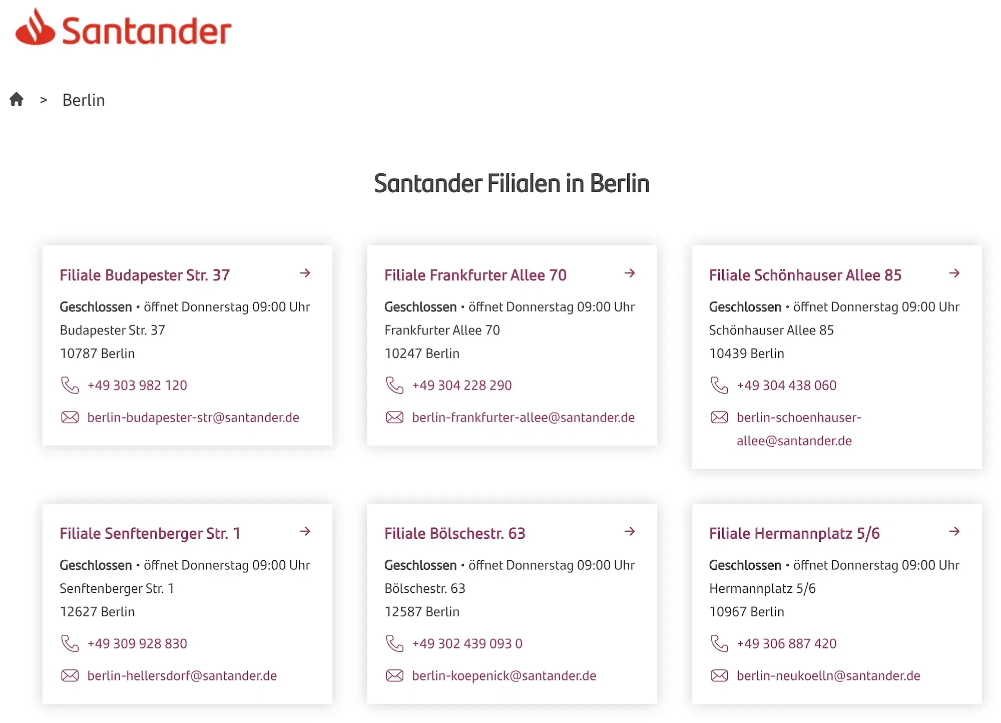 Standorte der Santander Bank in Berlin