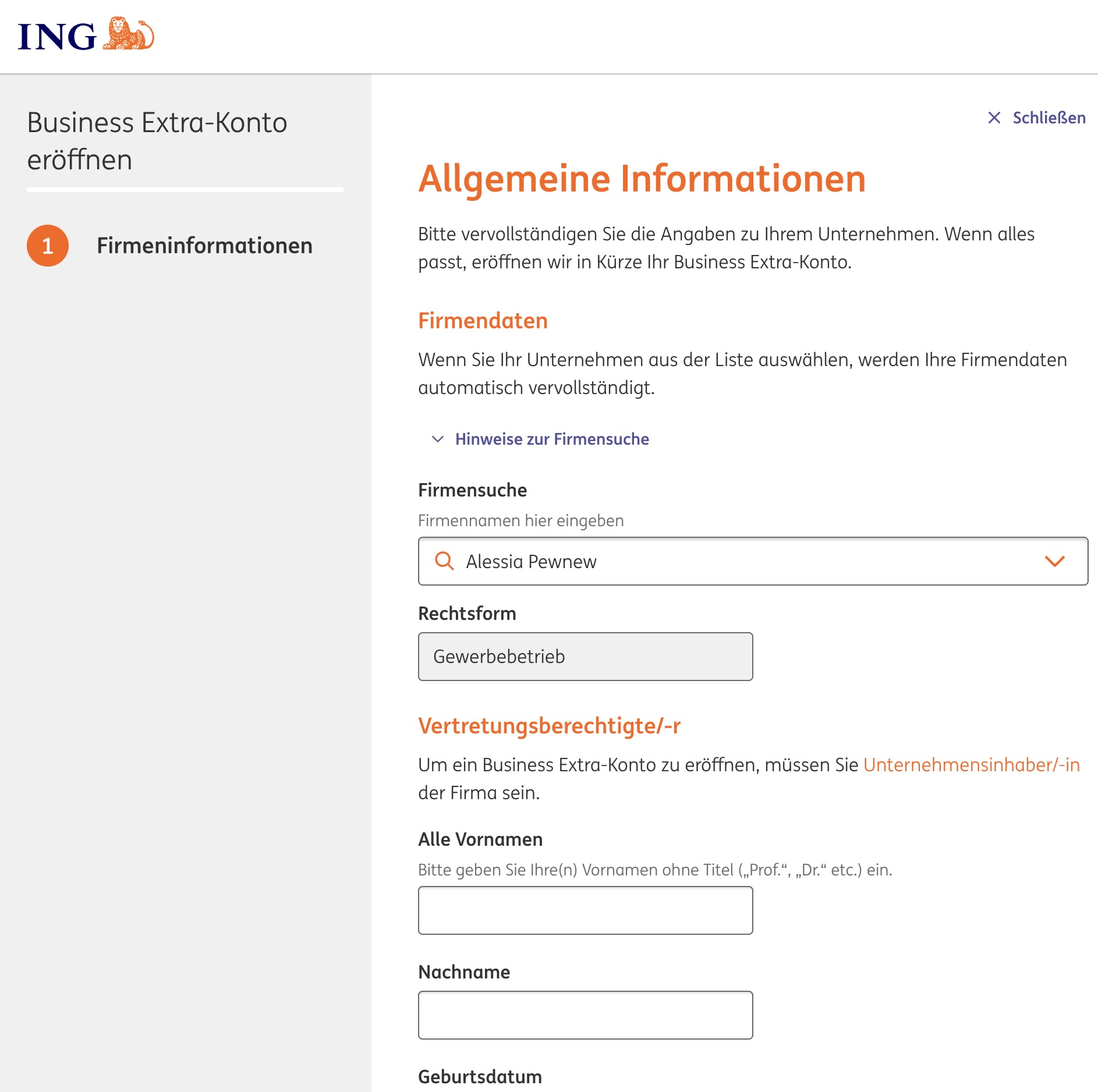 Schritt 1: Starte mit der Firmensuche – Gib deinen Unternehmensnamen ein.