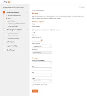 Ergänze Firmeninformationen: vertretungsberechtigte Personen und Referenzkonto.
