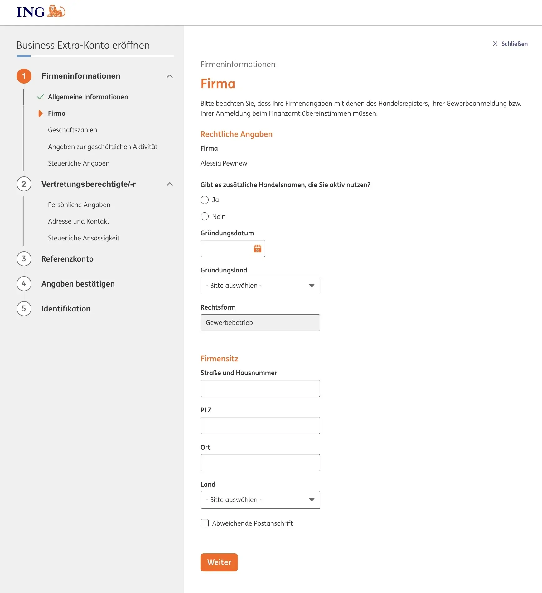 Ergänze Firmeninformationen: vertretungsberechtigte Personen und Referenzkonto.
